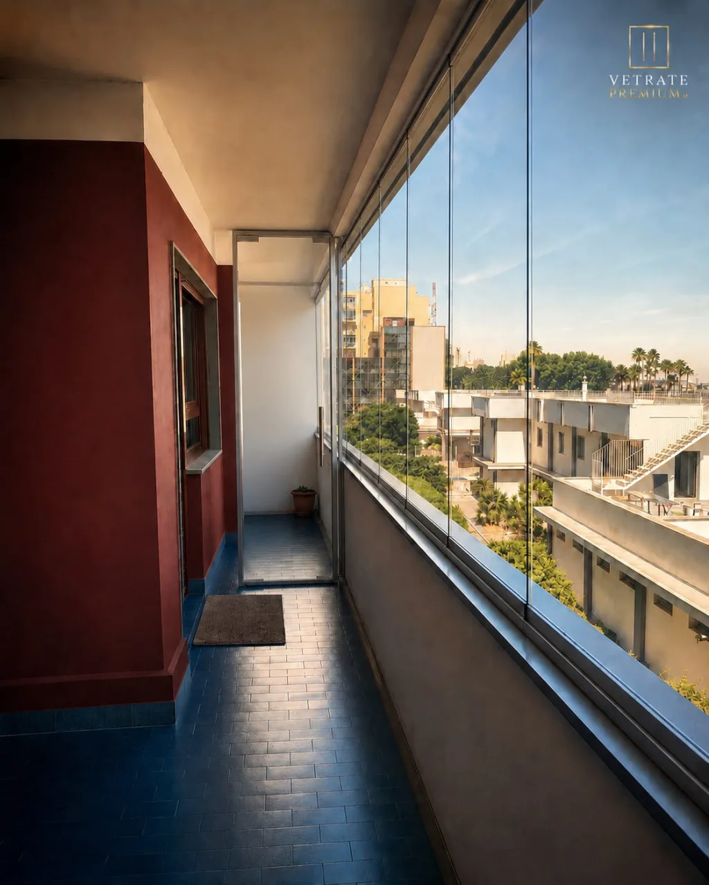 Balcone lungo e stretto chiuso da una vetrata continua, con pavimento in cotto scuro e vista su palme e palazzi