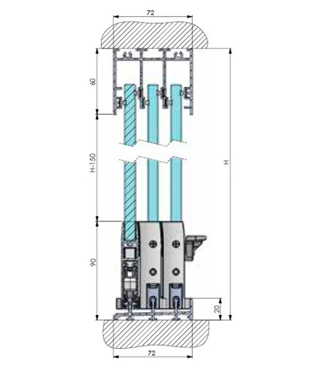 Sezione tecnica vetrata scorrevole 3 binari 72mm — disegno tecnico guide INOX 304 per balconi Puglia