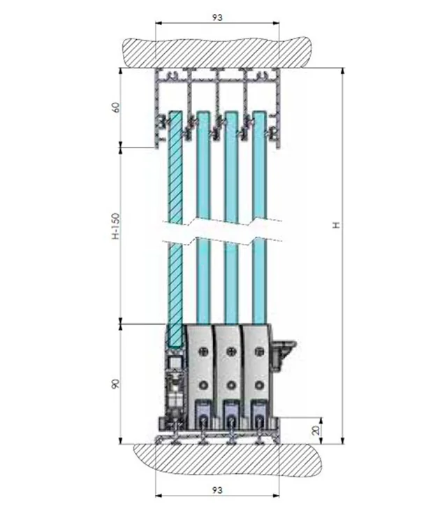 Sezione tecnica vetrata scorrevole 4 binari 93mm — guide INOX 304 per terrazzi medio-grandi Taranto Foggia