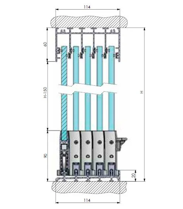 Sezione tecnica vetrata scorrevole 5 binari 114mm — guide INOX 304 per dehors e ristoranti Puglia