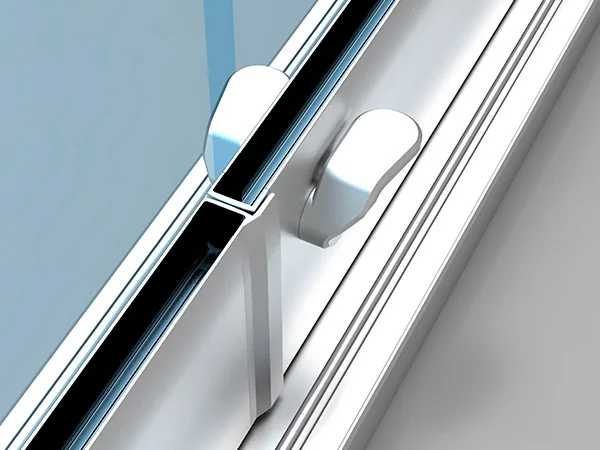 Dettaglio maniglia pomello vetrate scorrevoli panoramiche — design minimale premium